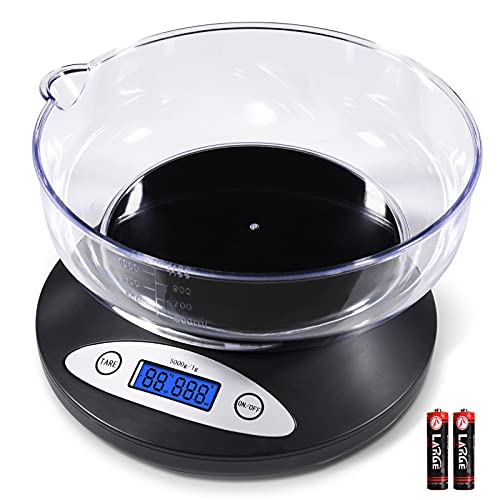 THINKSCALE 11lb Kitchen Scale with Bowl, 1g/0.1oz Backlit LCD for Baking