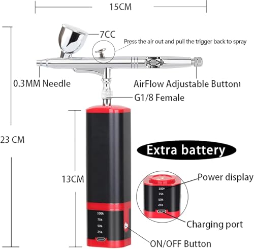 Portable Upgraded Dual-Action extra battery Airbrush kit with compressor-replaceable battery Cordless Air Brush Set for Leather furniture repair,Nail Art,Painting,Cake,Model,Tattoo,T-shirt - color: Red+black