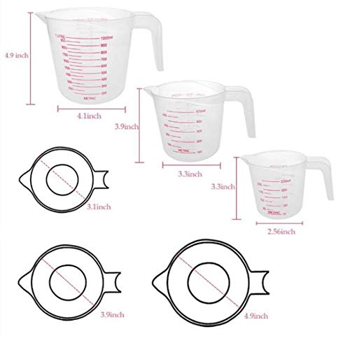 MIZORLIE Plastic Measuring Cup Sets, 250ml, 500ml &1000ml (3PCS）