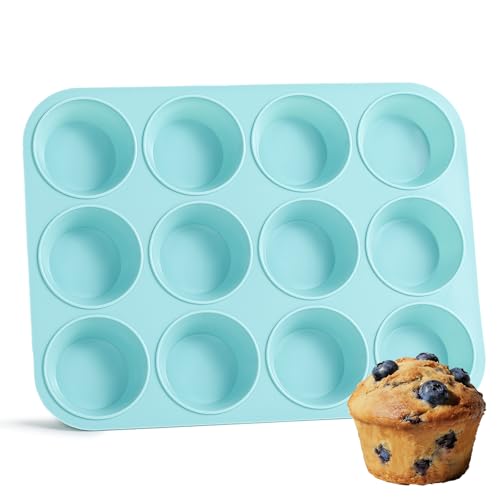 CAKETIME Silicone Muffin Pan, Regular Size 12 Cups Non Stick Cupcake Pan for Baking, Light Blue - size: Regular 12-Cup