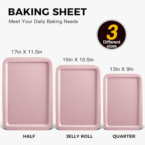 HONGBAKE Baking Sheet Pan Set, Cookie Sheet for Oven, Nonstick Bakeware Sets with Wider Grips, 3 Pack Half/Jelly Roll/Quarter Baking Tray, Premium, Dishwasher Safe-Pink - color: Pink