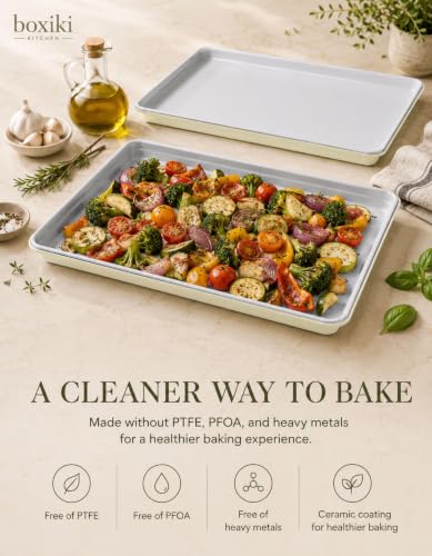 Boxiki Kitchen Ceramic Baking Sheet Half Size 17"x11" - Heavy Duty 0.6mm Aluminized Steel Pan, KFCC Ceramic Nonstick Cookie Sheet, Oven Safe to 550°F, Rustproof & Warp Resistant Baking Tray (2PCS) - color: 2 PCS Ceramic Light Grey