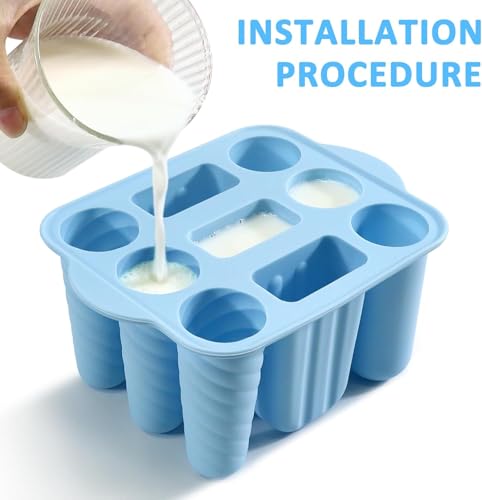 9 Cavity Popsicles Molds with 50pcs Wooden Sticks BPA Free Ice Pop Molds - color: Blue