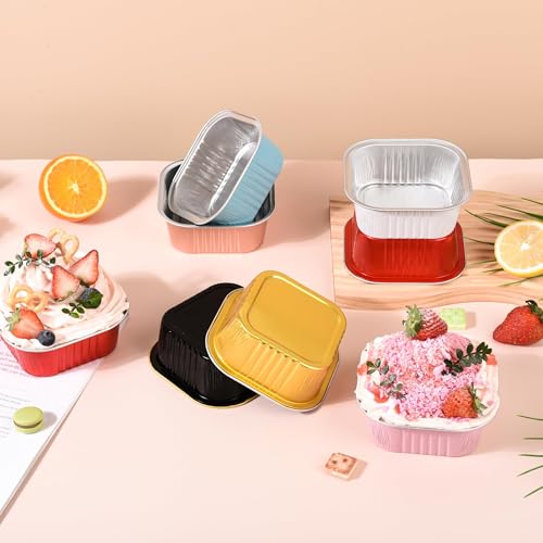 100 Pcs Mini Cake Pans with Lids, 5oz Square Aluminum Foil Brownie Baking Cups, Dessert Cupcake Cups with lids, Disposable Loaf Pans Cupcake for Wedding Birthday Party (Black Gold) - color: Black, size: 5 OZ