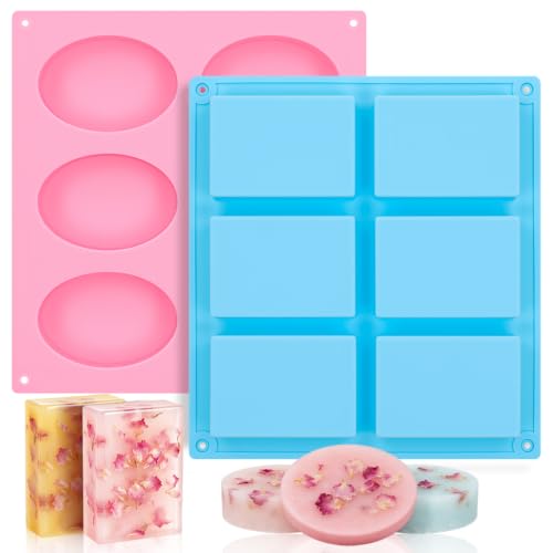 SJ Rectangle & Oval Soap Mold Set, 2-Pack 6-Cavity Silicone Soap Molds - color: Pink+Blue / Rectangular+Oval