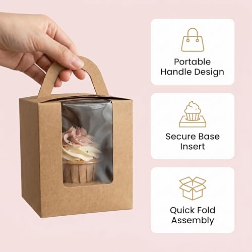 100 Pack Cupcake Boxes Individual, Brown Kraft, 3.7 x 3.7 x 4.3 In