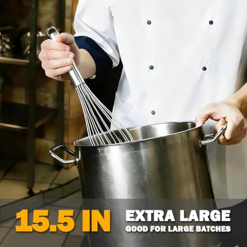 18/8 Stainless Steel Large Whisk, 15.5 inch Heavy Duty Long Whisk Suitable for Deep Pots or Big Bowl, Mixing, Beating, Blending - size: 15.5 INCH