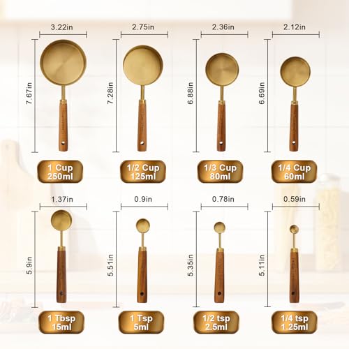 Premium Stainless Steel Measuring Cups and Spoons Set with Wood Handle - color: Gold8
