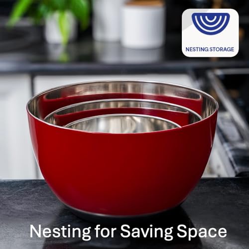 WHYSKO Stainless Steel Mixing Bowls Set, 3-Piece with Silicone Base - color: Red