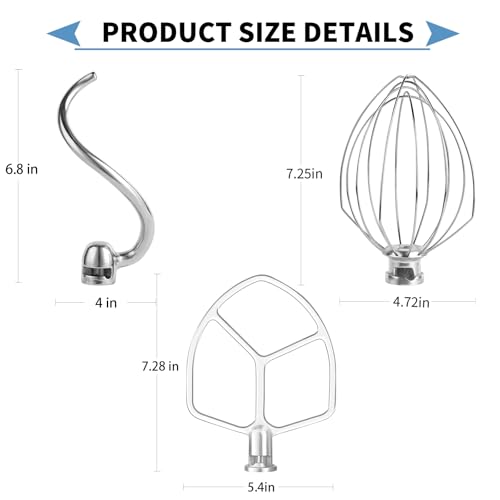 Stainless 3 Piece kit Attachments for KitchenAid 5 Plus- 6QT Mixer - size: Wire Whip+Dough Hook+Flat Beater