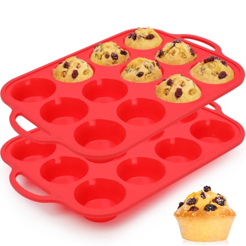 CAKETIME Silicone Muffin Pan, Metal Reinforced Frame Silicone Cupcake Pan Regular Size 12 Cups Nonstick Muffin Tins for Baking Easy to Move 2 Pack Red - size: Metal Framed: 12-Cup Regular