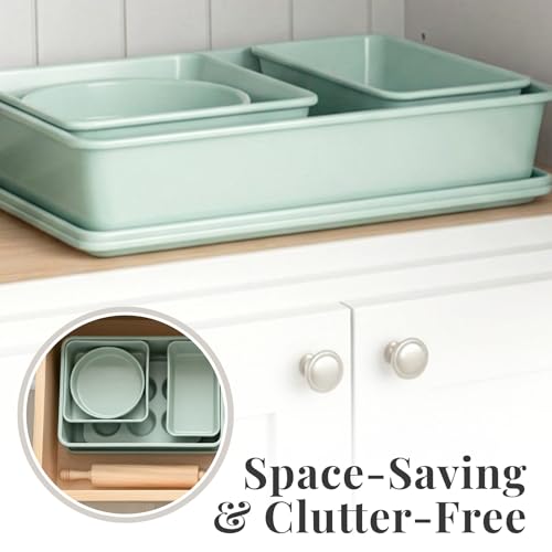 Larder & Vine 8-Piece Stackable Bakeware Set, Ceramic-Coated Nonstick Baking Pan Set, Non-Toxic, with Baking Sheets, Muffin Pan, Loaf Pan & Cake Pans, Sage - color: Sage
