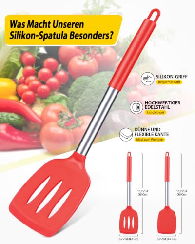 Pack of 2 Silicone Solid Turner, Non Stick Slotted Kitchen Spatulas, High Heat Resistant BPA Free Cooking Utensils, Ideal Cookware for Fish, Eggs, Pancakes(Red) - color: Red