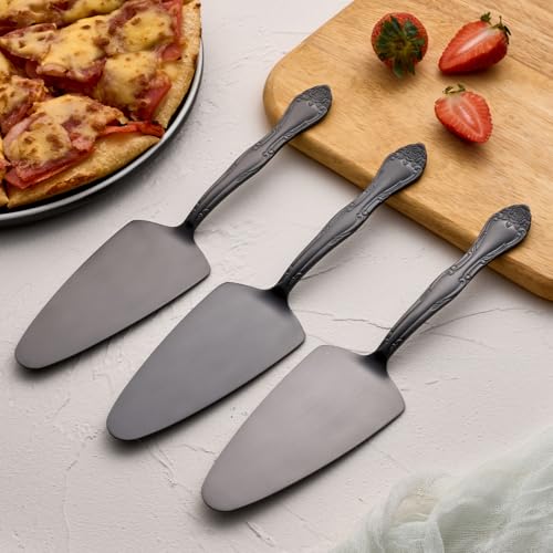 3-Piece Matte Black Cake Server Set with Rose Handle - color: Black