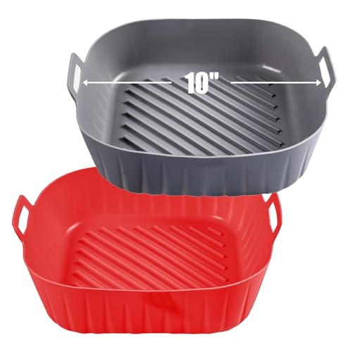 Golden Associate Silicone Liners Square for Air Fryer, 2 Pcs Non-stick Food-grade Reusable Basket Silicone Pot Baking Tray Airfryer Accessories, Top Size 10 inches, Bottom Size 9 inches - size: 10'' square