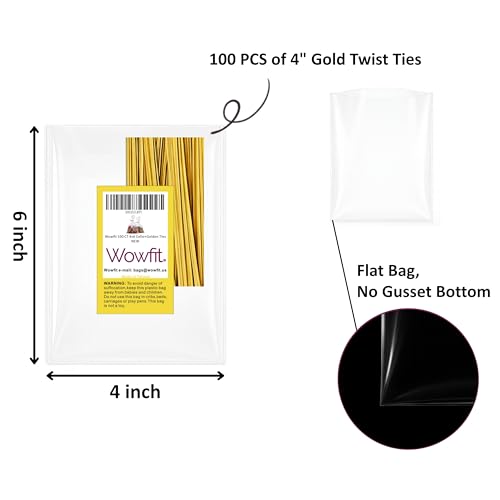 Wowfit 100 CT 4x6 Clear Cellophane Treat & Favor Bags, 4" Gold Twist Ties - size: 4x6 Inch (Pack of 100)