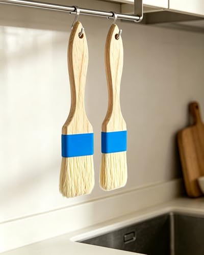 Natural Boar Bristle Pastry Brush,Heat Resistant Basting Brush for Cooking, BBQ, Baking, Food Grade Wooden Handle Oil Brush for Egg Wash, Butter,Marinade, Sauce, Dishwasher Safe(1",1.5",3PC) - color: Blue