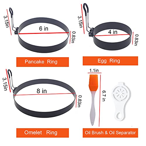 Stainless Steel Egg Cooker Set - 8" Omelette Ring, 6" Pancake Ring, 4" Griddle Egg Ring - Non-stick, Upgrade Large 3 Packs Egg Cooking Rings with Oil Brush & Egg Separator - color: Black 3 pcs of 8" 6" 4“ with accessories