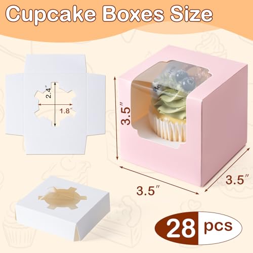 Hoewina 28 PCS Cupcake Boxes, Individual Cupcake Containers with Window - color: Pink