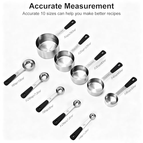 Bopei 10-Pcs Stainless Steel Measuring Cups & Spoons Set, Black Handles - color: Black