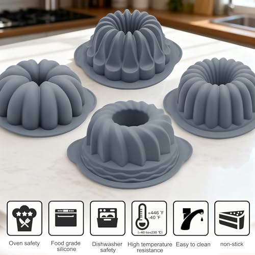 Tongjude 4 Pieces Silicone Fluted Tube Cake Pans, 7 Cups Tube Baking Pan, Jello Mold, Silicone Molds for Homemade Cake, Bread and Jello, Non-Stick, Grey - size: 4pcs fluted tube cake pans (7 Cups)