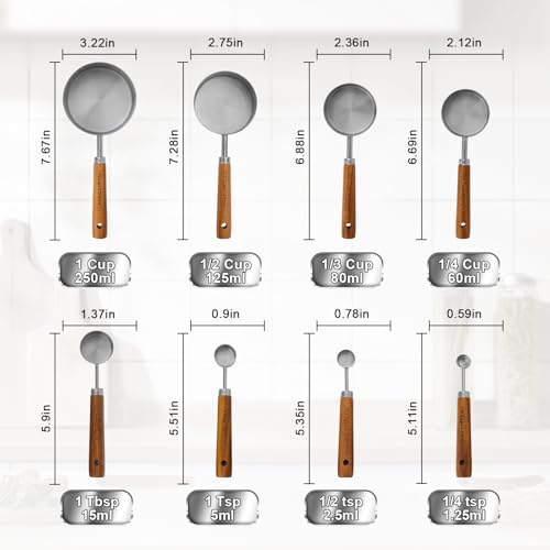 Premium Wood Handle Stainless Steel Measuring Cups and Spoons 8PCS - color: Silver8