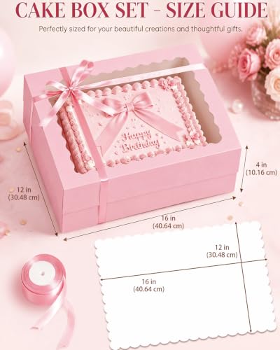 qiqee 16x12x4in Sheet Cake Box, Pink Quarter Bakery Box with Boards 6 Sets - color: Pink, size: 6 Sets, 16"x12"x4"