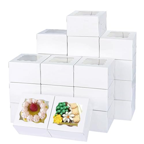 60pcs White Small cookie boxes,4x4x2.5 Inch Bakery Boxes with Window,gift boxes bulk for Mini Cake Pastry Dessert Strawberries Chocolates Cupcakes with Stickers - color: White/60pcs