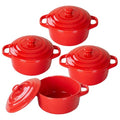 Mini Dutch Oven Set of 4, 14 oz Ceramic Mini Dutch Ovens with Lids and Handles, Ramekins with Lids for French Onion Soup, Pot Pies, Soufflés and Baked Desserts, Oven Microwave Dishwasher Safe, Mini Cocotte，（Red） - color: Red