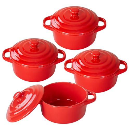 Mini Dutch Oven Set of 4, 14 oz Ceramic Mini Dutch Ovens with Lids and Handles, Ramekins with Lids for French Onion Soup, Pot Pies, Soufflés and Baked Desserts, Oven Microwave Dishwasher Safe, Mini Cocotte，（Red） - color: Red