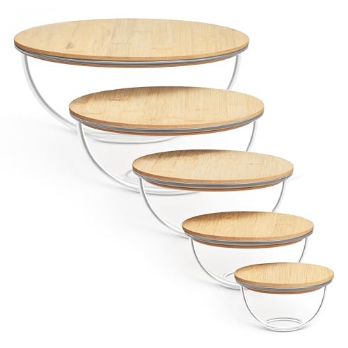 Vtopmart 5 Pack Glass Mixing Bowls with Bamboo Lids, Nesting Set - style: 5-piece set
