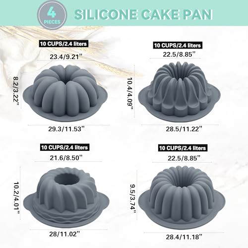 Tongjude 4 Pieces Silicone Fluted Tube Cake Pans, 10 Cups Tube Baking Pan, Jello Mold, Silicone Molds for Homemade Cake, Bread and Jello, Non-Stick, Grey - size: 4pcs fluted tube cake pans (10 Cups)