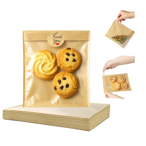 100 Pack Self Sealing Cookie Bags with Seal, 5.7x6.5 Inch Kraft Paper Bakery Bags with Window, Grease Resistant To Go Sleeves for Bake Sale Pastry, Brownie, Treat, Baked Goods Packaging - size: 5.7" x 6.5"