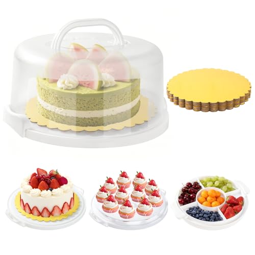 10 Inch Cake Carrier with Lid and Handle, Round Cake Transport Container with 10 Inch Cake Boards & Cupcake Serving Tray, Portable Pie Cake Holder with Cover for Wedding Party Picnics Camping