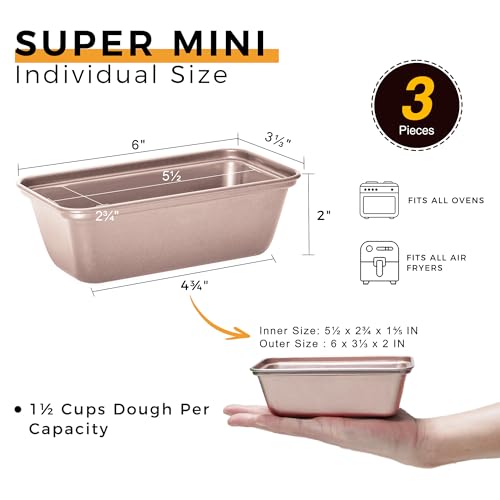 HONGBAKE Mini Loaf Pans for Baking, Nonstick Small Bread Pans of 3, 6 x 3.2 x 2 In Tiny Carbon Steel Small Baking Pans - Rose Gold - color: Rose Gold, size: Mini 3 Pack 6 x 3.3 x 2"