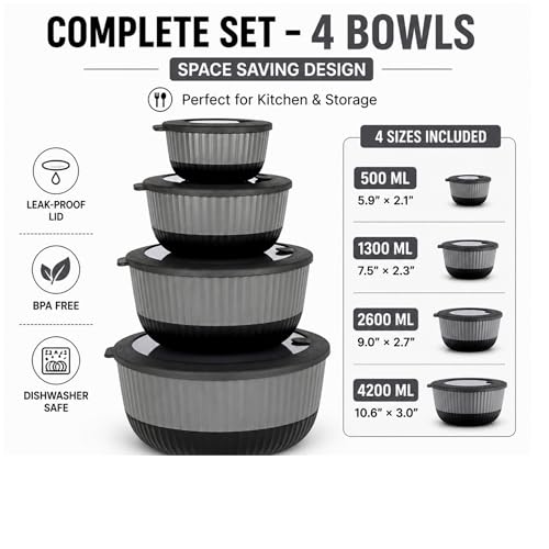 Dora Plastic Mixing Bowls with Lids, 8-Piece Airtight Leak-Proof Nesting BPA-Free Prep Bowl Set for Kitchen & Food Storage, Large 4200ml Capacity, Microwave & Dishwasher Safe(Black) - color: Black