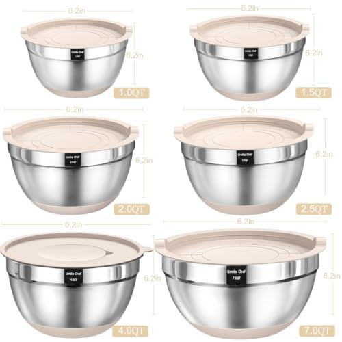 Mixing Bowls with Airtight Lids Set, 26PCS Stainless Steel Khaki Bowls with Grater Attachments, Non-Slip Bottoms & Kitchen Gadgets Set, Size 7, 4, 2.5, 2.0,1.5, 1QT, Great for Mixing & Serving - color: Khaki