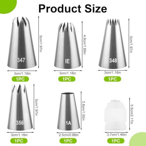 6 Pcs Large Piping Tips Set, Frosting Piping Kit with Coupler - color: 1A/1E/347/348/356