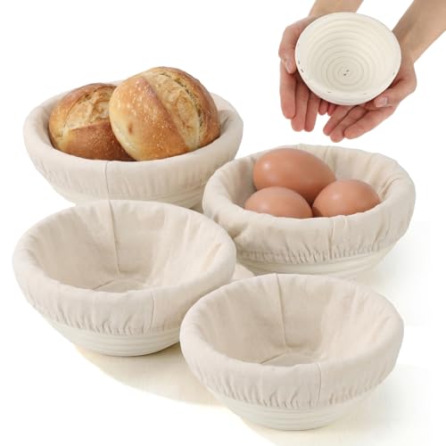 Mini Sourdough Basket Set of 4 Banneton Bread Proofing Basket 5 Inch Round Small Proofing Baskets with Cloth Liner, Rattan Baking Supplies for Artisan Bread