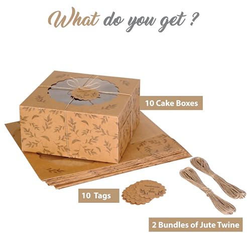 Kraft Cake Boxes with Window (10pcs) - Brown Bakery Boxes for Cakes, Donuts, Pie, Cookies, Cupcakes, Chocolates, Desserts: Size 10x10x5 Inches - color: Brown