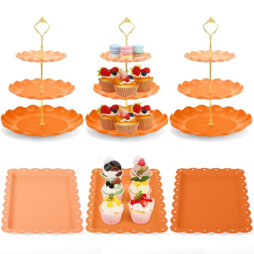 FoldTier 6 Pack Cupcake Stand Set 3 Pcs 3 Tier Gradient Dessert Table Display Stands Cookie Tray Rack 3 X14 in Rectangle Party Trays for Wedding Birthday Tea Party Baby Shower(Orange,Round) - color: Orange, style: Round