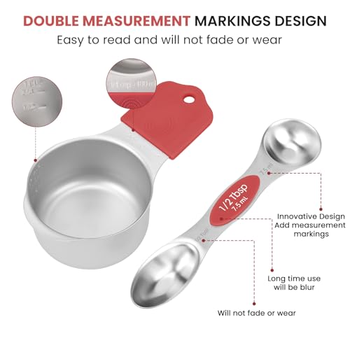 Magnetic Measuring Cups and Spoons Set-Heavy Duty 304 Stainless Steel - color: Red