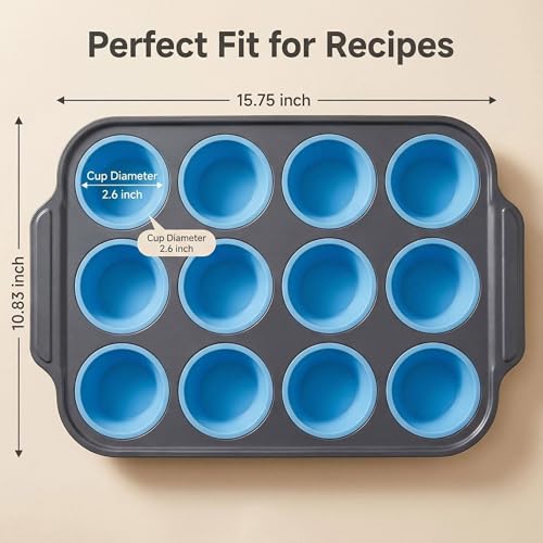 Rigid-Frame Silicone Muffin Pan for Baking,No-Spill Easy-Transfer Design,Reinforced Steel Frame, Non-Stick & Dishwasher Safe,12-Cup Regular Size Muffin & Cupcake Pan Bakeware for Oven (Blue 1pcs) - size: 1pcs