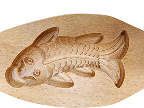 Needzo Traditional Wooden Moon Cake Mold, Gold Fish Shape For Biscuits, Muffins, Mid-Autumn Festival, 9 Inch
