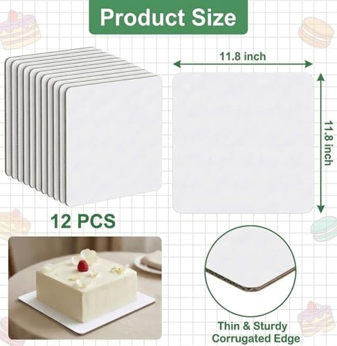 12PCS Square Cake Boards,11.8 x 11.8 Inch White Greaseproof Cardboard, Disposable Half Sheet Cake Board Trays for Sheet Cakes, Pastries, Bakery and Catering - size: Square Cake Boards-12PCS