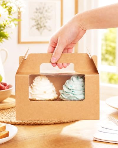 qiqee Cupcake Box Two Holder 6.5x3.6x3.5inch(2.2" Top) 50pcs Brown 2 Cupcake Boxes With Window - color: Brown, size: 50Pcs, Two Holder