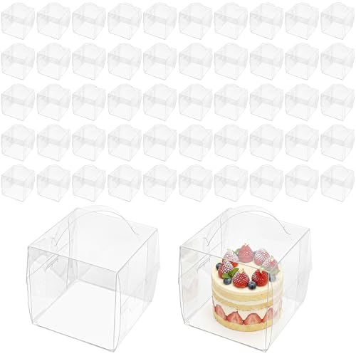 Lawei 50 Pack Clear Cake Boxes with Handles, 6x6x6 Inch Square Transparent Bakery Box for 4-5 Inch Mini Cakes, Pastries, Donut, Treat Boxes, Gift Packaging Display Box for Wedding, Birthday, Party