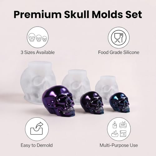 3 Sizes 3D Skull Silicone Molds, Resin Candle Molds for Halloween - color: skull mold-3PCS