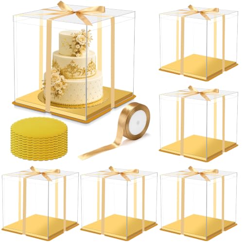 Watersay 6 Pack 14''x14''x12'' Gold Cake Box with Cake Boards and Ribbon - color: Gold, size: 14x14x12inch
