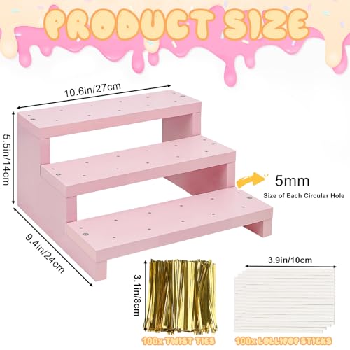 Wood Cake Pop Stands, 3 Tier Lollipop Holders with Twist Ties Lollipop Sticks, Sucker Display Riser for Dessert Table of Wedding Birthday Party (Pink-1P) - color: Pink-1P